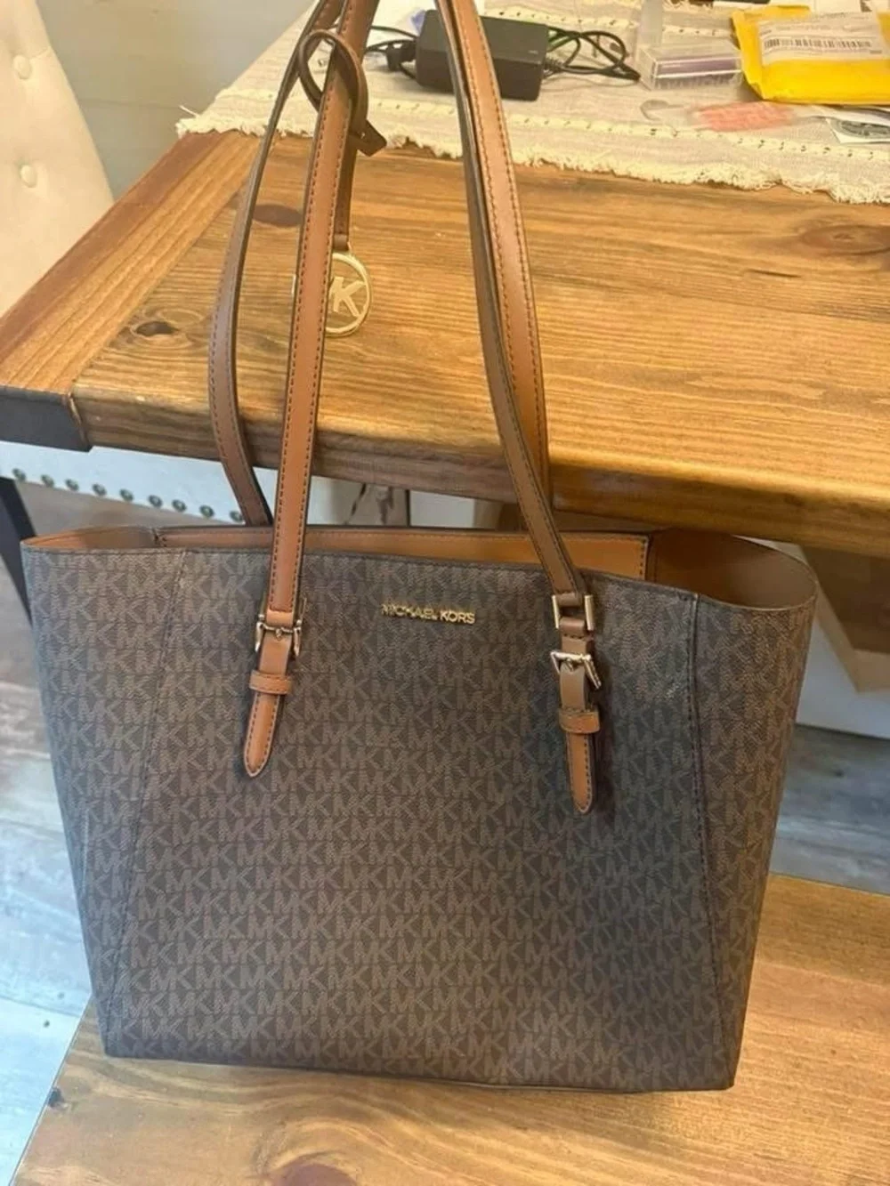 Michael Kors Brown MK Logo Shoulder Tote with Tan Straps